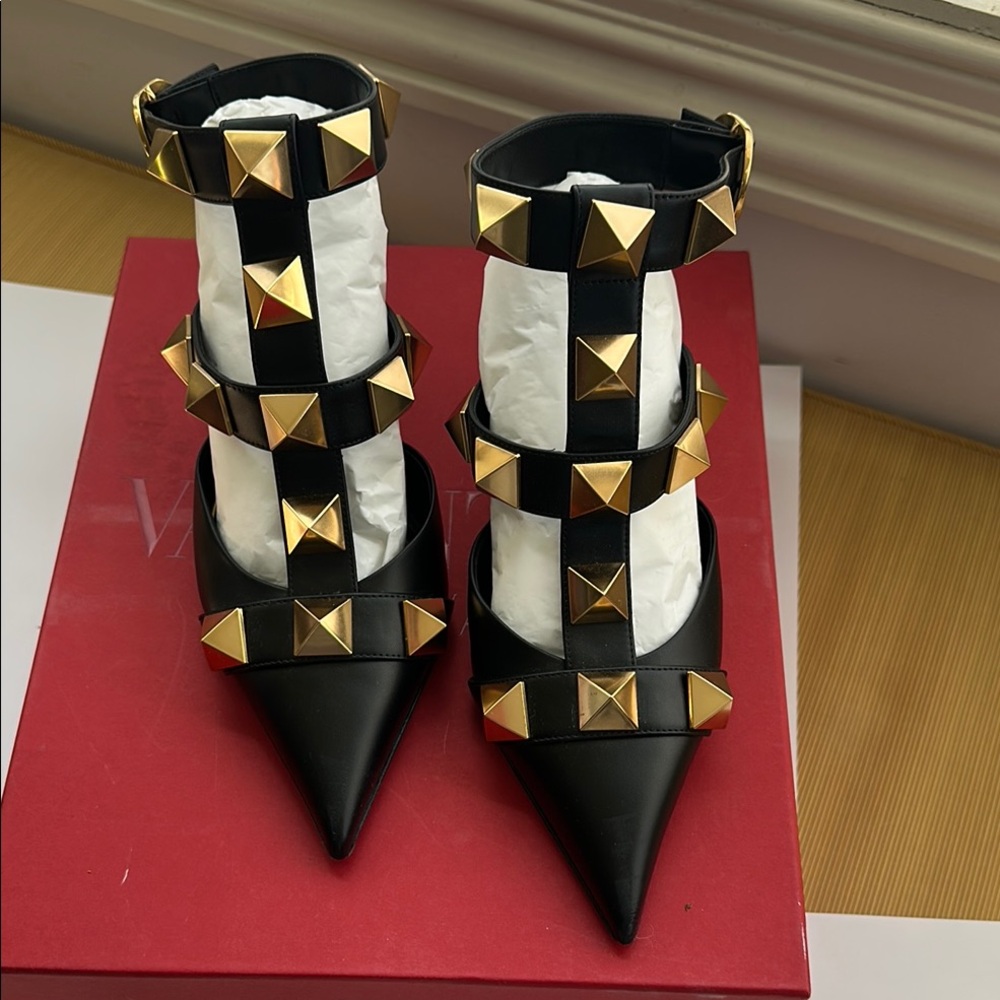Valentino Black and Gold Studded Heels